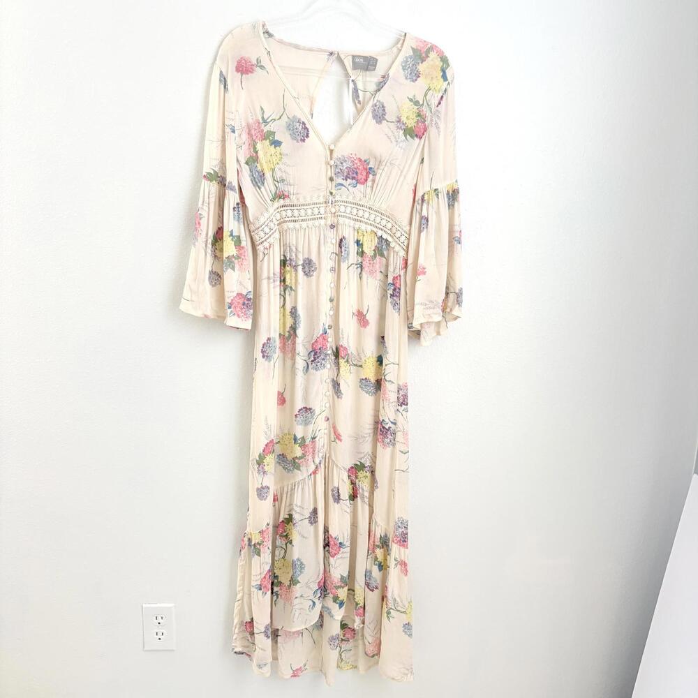 ASOS | NWT Long Sleeve Boho Cream Pink Blue Floral Maxi Dress Back Cutout Size 6